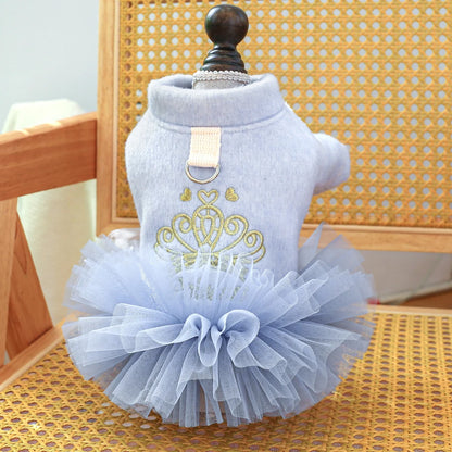 1PC Pet Clothing Dog Autumn and Winter Thickened Blue Crown Princess Dress With Drawstring Buckle For Small Medium Dogs