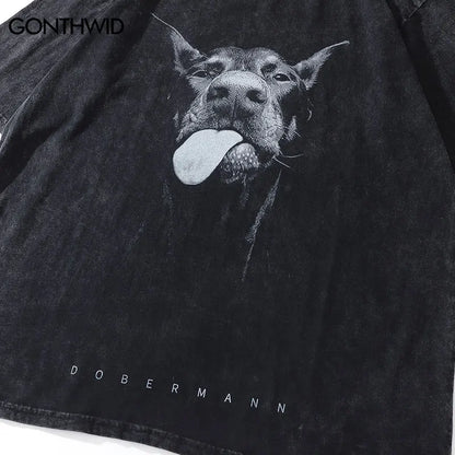 2024 Men Streetwear Hip Hop Oversized T Shirt Funny Doberman Dog Graphic T-Shirt Vintage Washed Black Tshirt Harajuku Tee Cotton