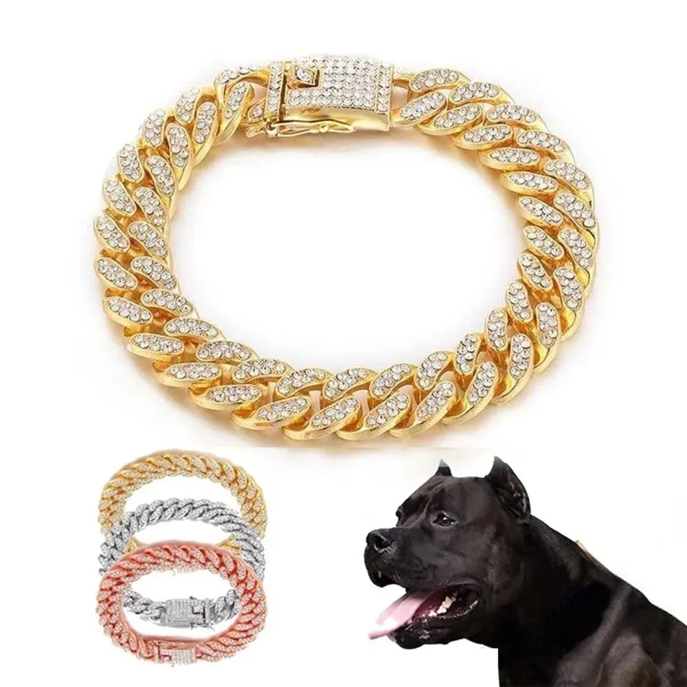 Rhinestone Dog Chain Collar Metal Chain Collar Luxury Stainless Steel Puppy Cat Chain Collar Dog Jewelry