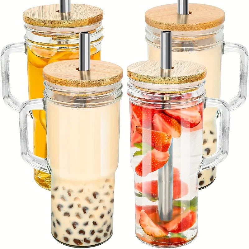 1PC Glass Cup Wooden Lid Bubble Tea Cold Drinking Coffee Wine Juice Milk Transparent Straw Car Mug Cup Drinkware Water Bottle