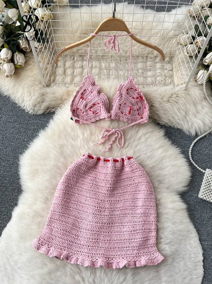 SINGREINY Summer Knitted Beach Two Pieces Sets 2024 Sleeveless Strap Top+Mini Skirt Sets Strawberry Sweet Ruffles Vacation Suits