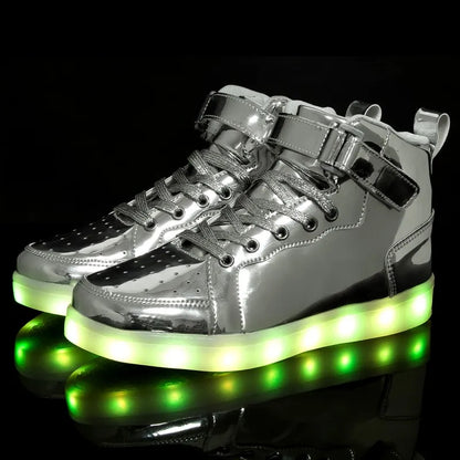 Men's and Women's High Top Board Shoes Children's Luminous Shoes LED Light Shoes Mirror Leather Panel Shoes Large 25-47