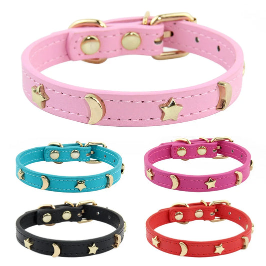 Cute Cat Collar Soft Leather Pet Collars For Small Dog Kitten Puppy Necklace Cat Accessories  Star Moon Rivets Decoration XS-M