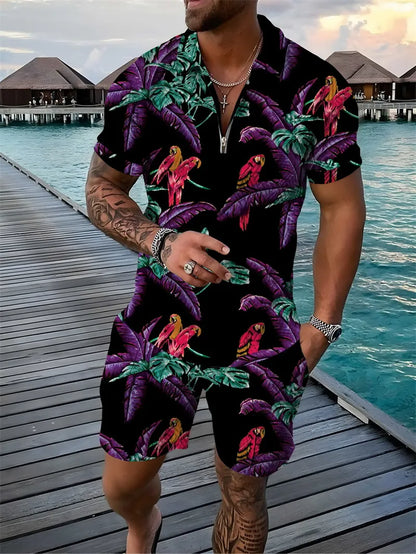 Flower Parrot 3D Print Polo Shirts Shorts Sets Men's Casual Fashion Floral Oversized Short Sleeve Shirt Pants Set Suits Clothing