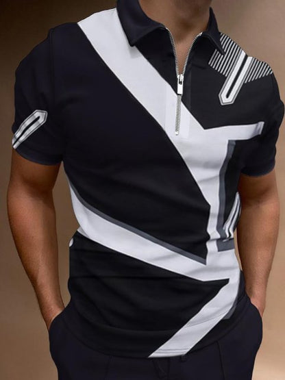 New Summer High Quality Men Polo Shirts High Street Print Casual Short Sleeve Mens Shirts Turn-Down Collar Zipper Polo Shirt Men