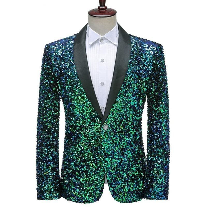 Shiny Green Shawl Collar One Button Sequins Bling Glitter Party Blazer