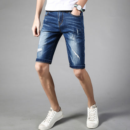 2024 summer new Hong Kong wind broken jeans men's five pants pants sports casual trend student short pants