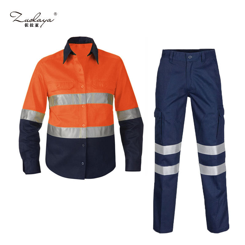 Cotton reflective strip overalls shirt trousers set male construction engineering terminal police show cotton safety clothing