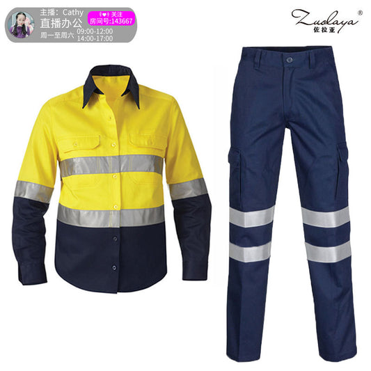 Cotton reflective strip overalls shirt trousers set male construction engineering terminal police show cotton safety clothing