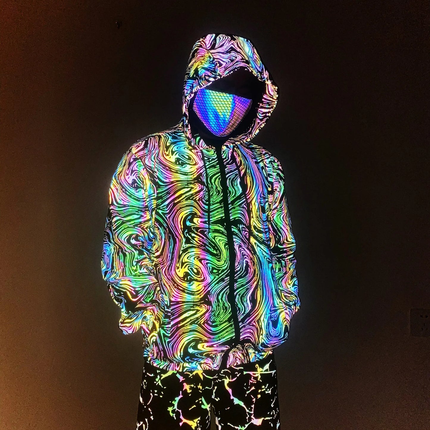 Unisex Holographic Men’s Geometric Reflective "Vortex Pattern" Jacket Reflect Light Casual Coats