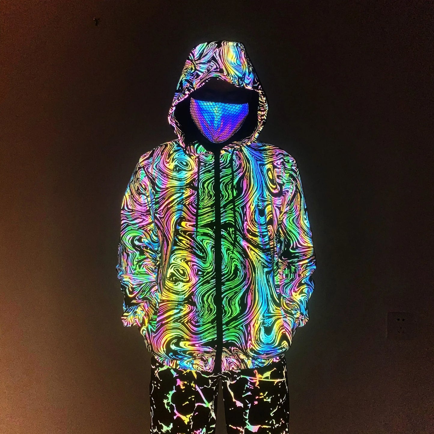 Unisex Holographic Men’s Geometric Reflective "Vortex Pattern" Jacket Reflect Light Casual Coats