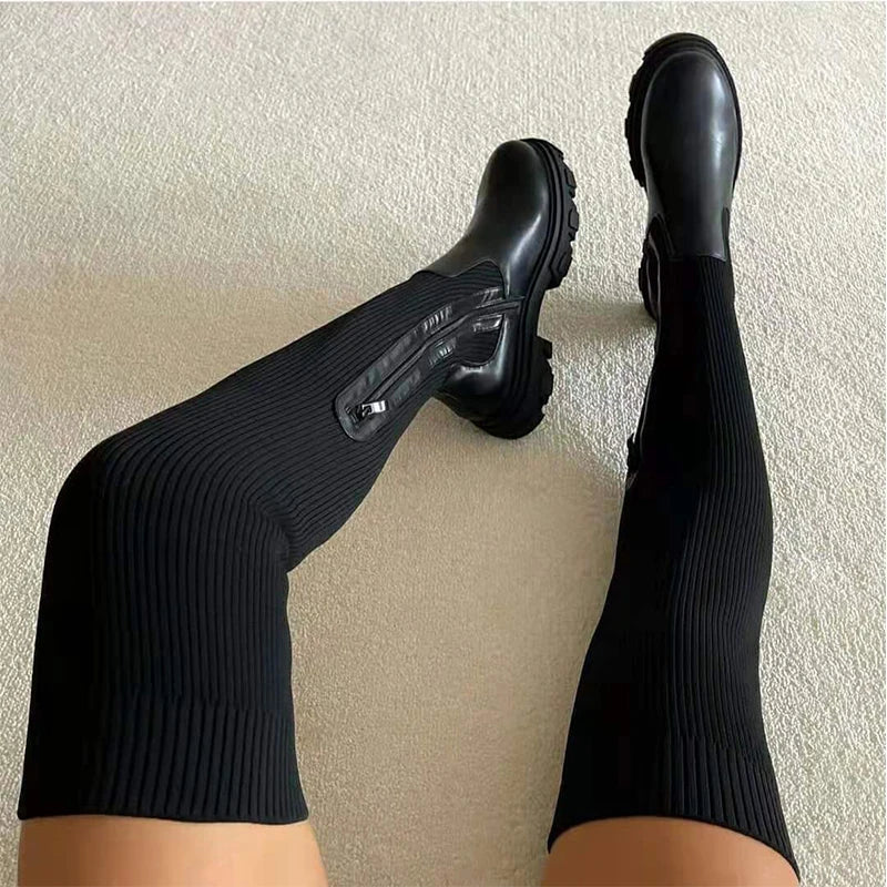 2021 Women Knee-high Boots Autumn Women's Stretch PU Knitted Long Boots Woman Platform Flats Winter Ladies Zip Shoes Big Size