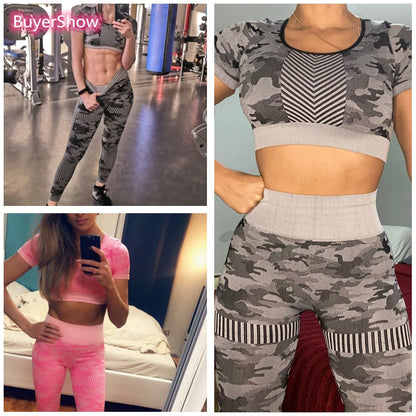 Seamless Sport Set Women Female Camouflage  2 Piece Crop Top Leggings Sportsuit Workout Outfit Fitness Active Gym Wear Yoga Sets