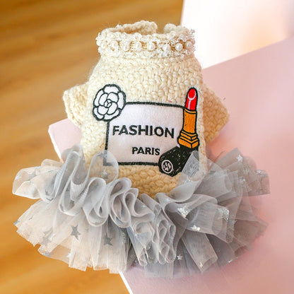 Dress in warm fabric with tutu skirt for your Princess's cold days. Luxury chic clothing for your Pet.