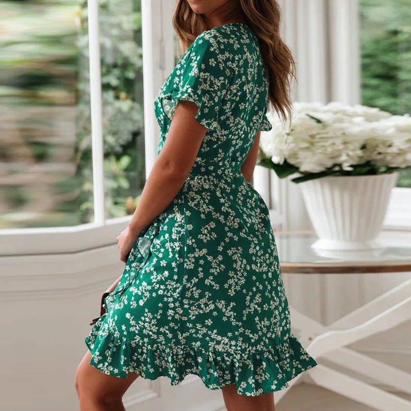 Women Dresses Summer 2020 Sexy V Neck Floral Print Boho Beach Dress Ruffle Short Sleeve A Line Mini Dress Wrap Sundress Robe