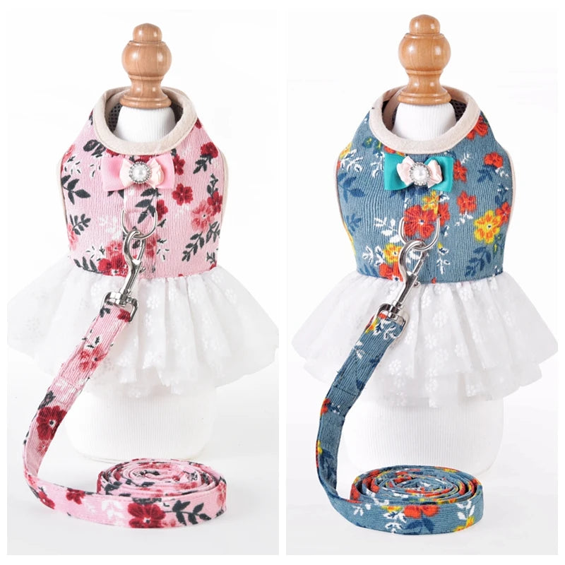 Floral Harness Dresses For A Dog Girl Female Pet Collar Vest Chest Strap Outdoor Walking Puppy Small Animal With Leash Set Cats