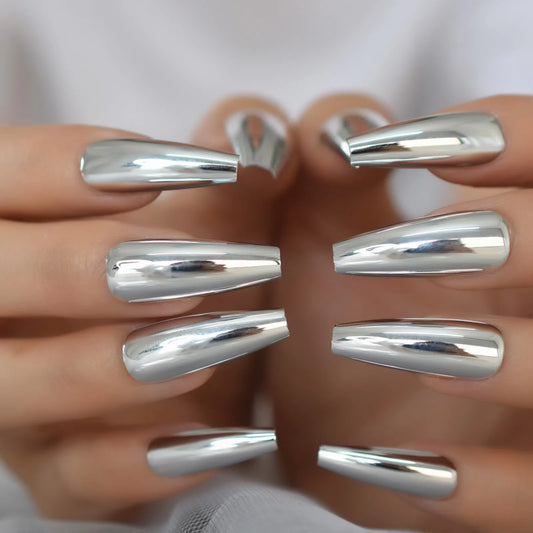 Silver Coffin Fake Nails Long Ballet Metallic False Nail Tips Solid Color Mirror Press On Nails Art Manicure At Home Salon Tools