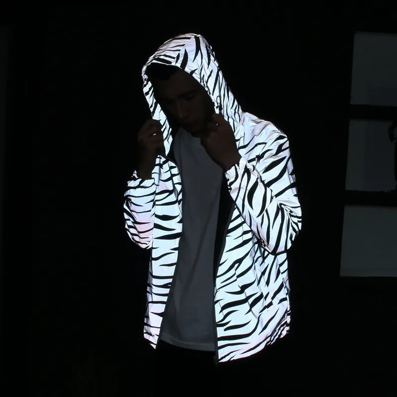 New Men Leopard zebra reflective Night shining Hooded Windbreaker Jacket hip hop Streetwear harajuku Men waterproof Hoodie Coats