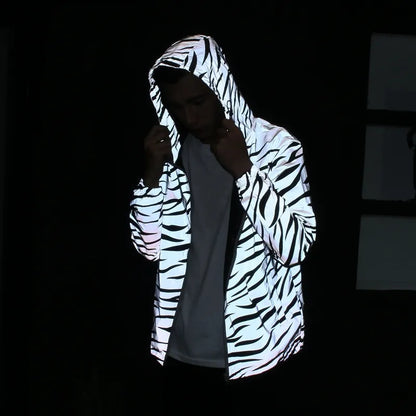 New Men Leopard zebra reflective Night shining Hooded Windbreaker Jacket hip hop Streetwear harajuku Men waterproof Hoodie Coats