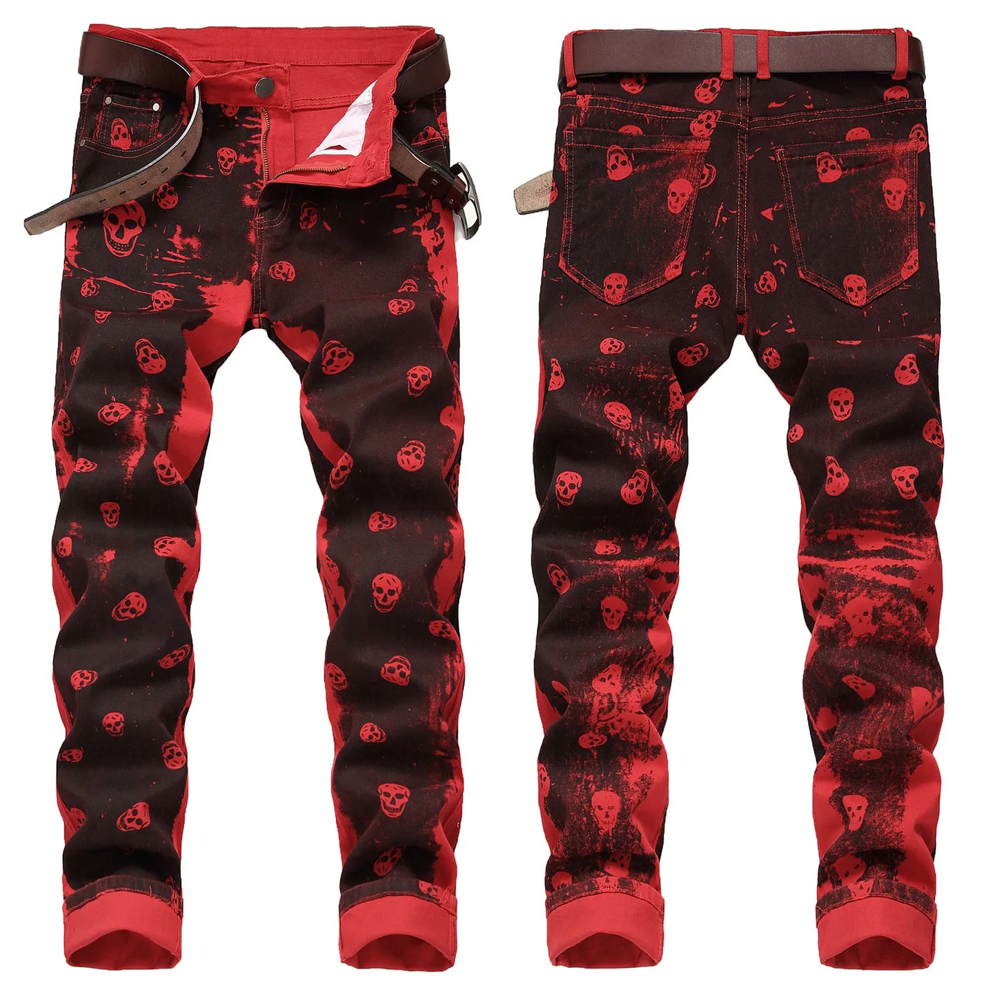 Men’s skull prints elastic denim pants street fashion paint prints red jeans slimming casual pants jeans