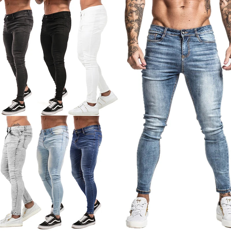 GINGTTO Jeans Men Elastic Waist Skinny Jeans Men 2024 Stretch Ripped Pants Streetwear Mens Denim Jeans Blue