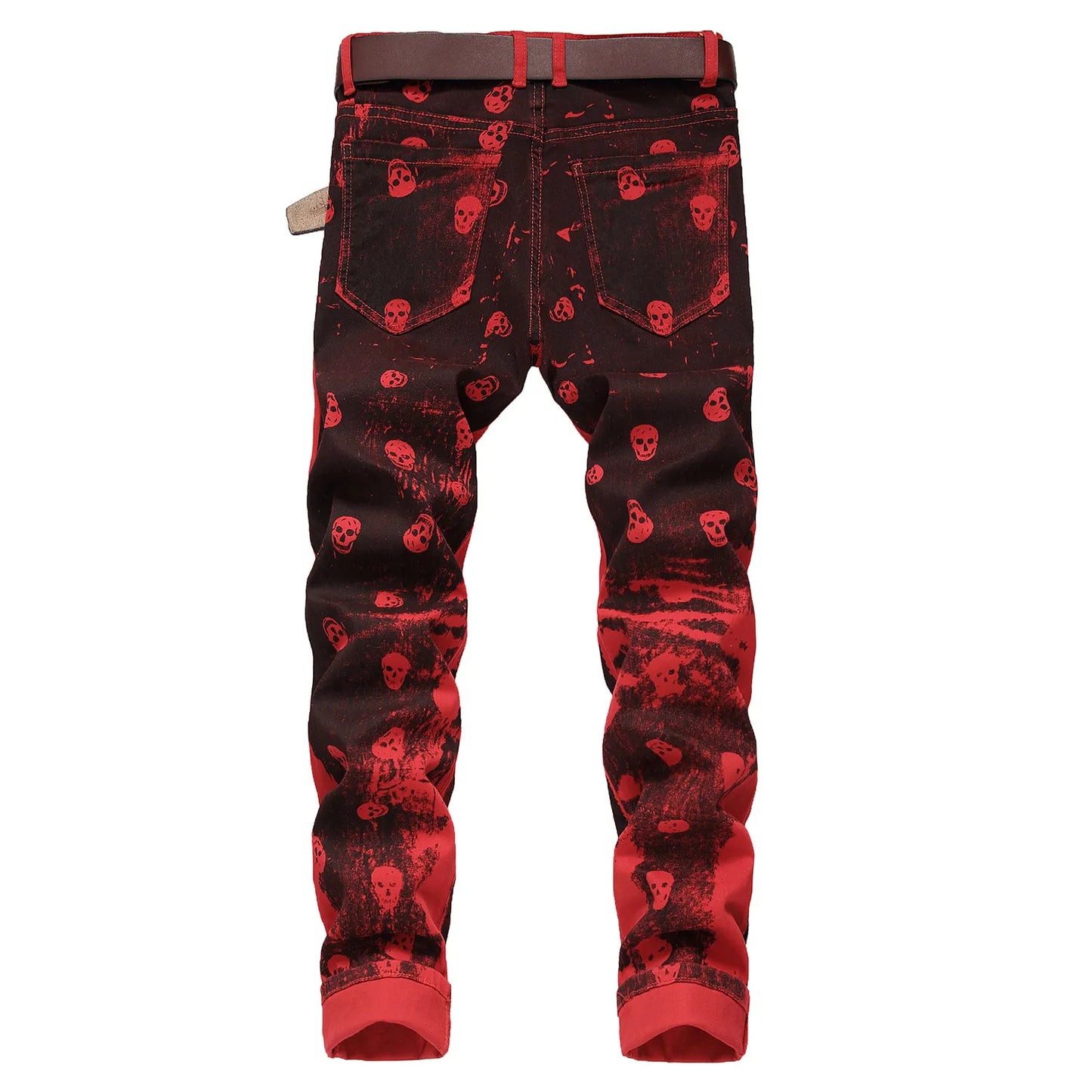 Men’s skull prints elastic denim pants street fashion paint prints red jeans slimming casual pants jeans