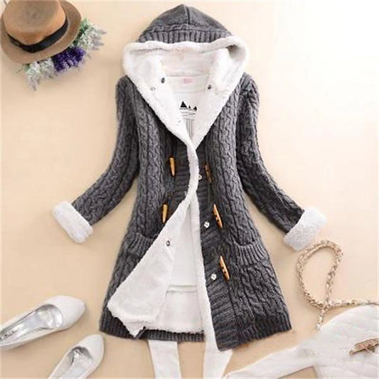 Women Casual Knit Ox Horn Button Coat Long Sleeve Sweater Cashmere Thick Warm Hooded Cardigan Coat Solid Comfy Knitwear Coat