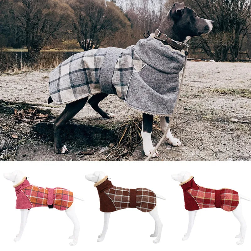 Winter Big Dog Clothes Warm Fleece Pet Jacket for Medium Large Dogs Weimaraner Greyhound Adjustable Belt Plaid Print Coat Outfit