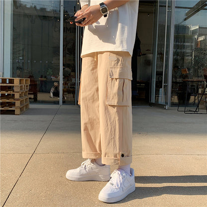 Summer straight tooling pants men's cotton casual pants Korean version of the wild trousers trend loose wide legs nine pants men