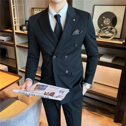 Suit suit 2021 spring new men's business fashion solid color double buckle suit three-piece set four seasons dress