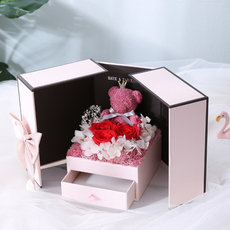 Qixi gift box packaging 520 lovers rose bear birthday gift eternal flowers double door gift box accessories wholesale