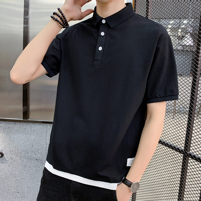 2024polo shirt short sleeve summer new solid color casual loose splicing fake two-piece tide card laperse youth clothes