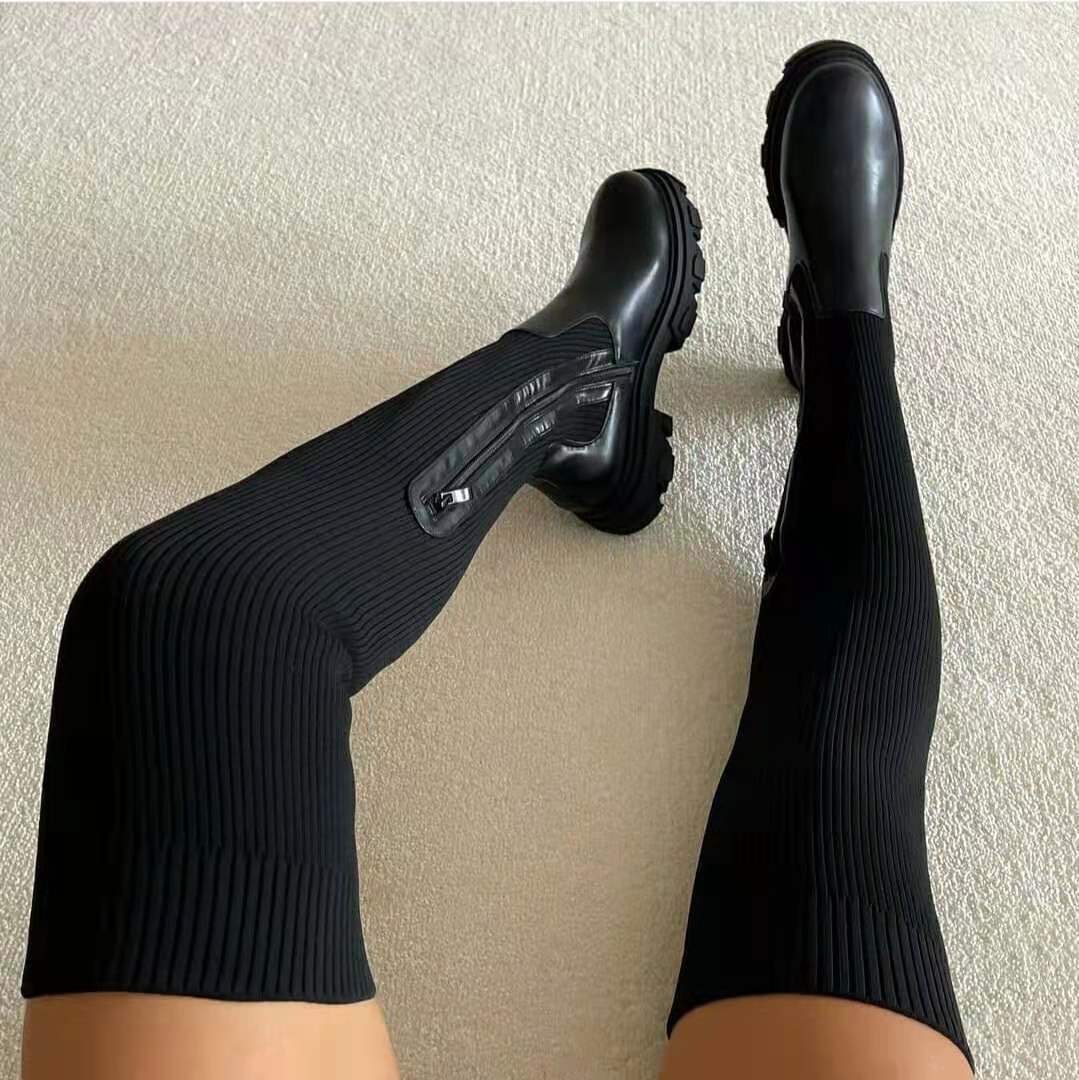 Autumn and Winter Foreign Trade Thick Sole Over Knee Boots for Women Cross border Elastic Flyknit High Sleeve Boots with Round Toe Breathable Single Shoes