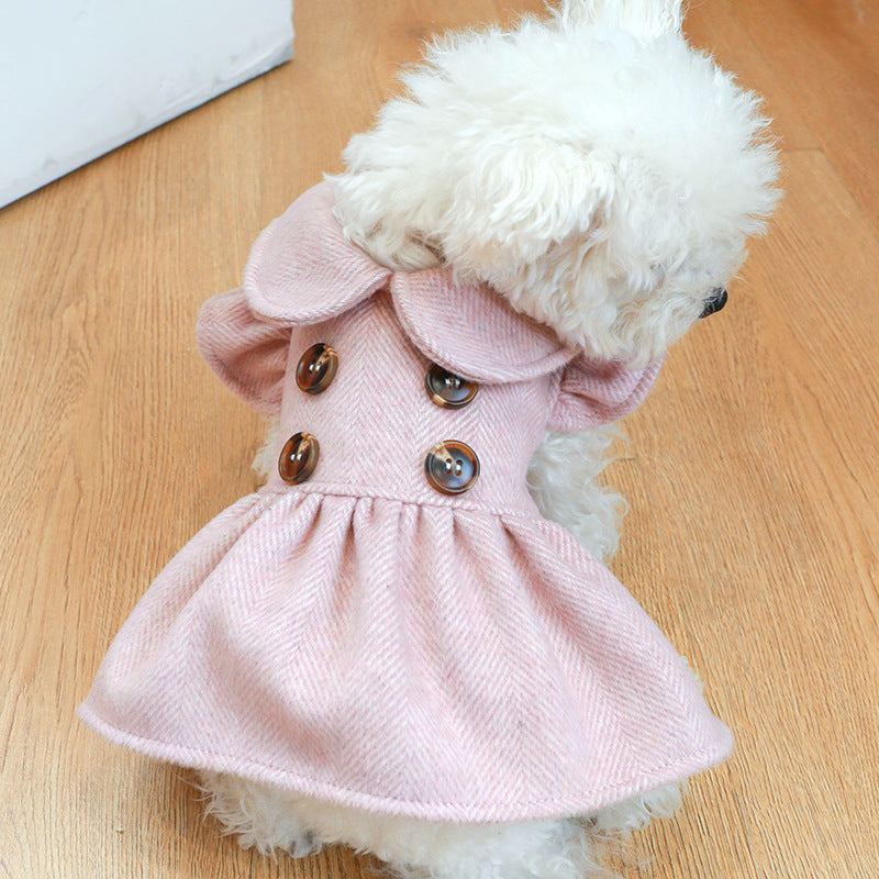 Pet dog cat autumn and winter new college wind doll woolen skirt fungus flower side skirt Teddy bear dog clothes