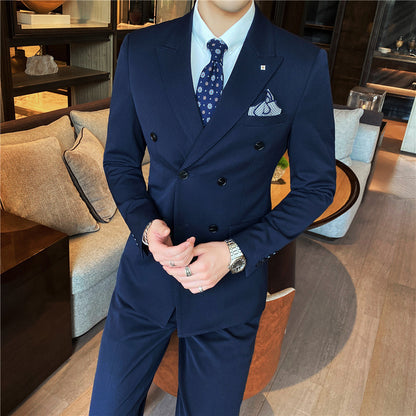 Suit suit 2021 spring new men's business fashion solid color double buckle suit three-piece set four seasons dress