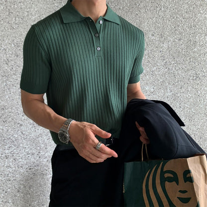 Hong Kong style lapel polo shirt short sleeve men's fashion brand loose casual summer thin solid color knit T-shirt undershirt