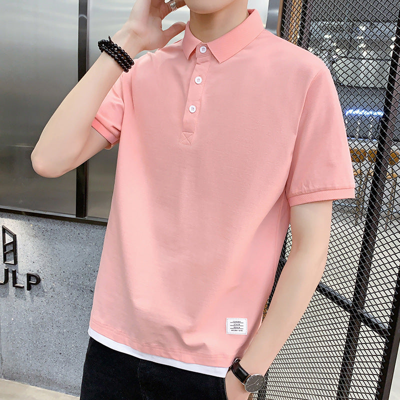 2024polo shirt short sleeve summer new solid color casual loose splicing fake two-piece tide card laperse youth clothes