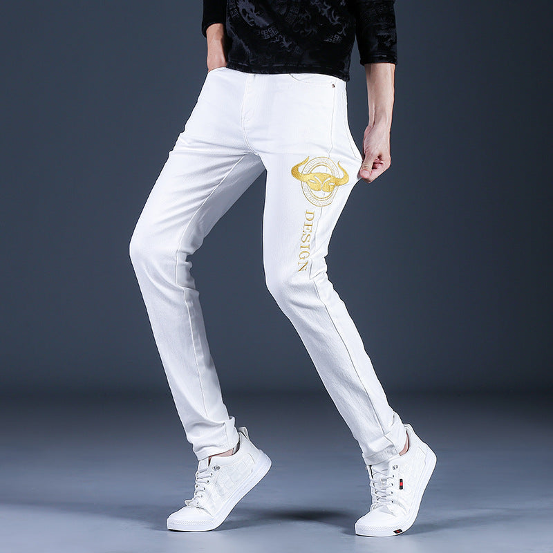 2024 White Leisure Micro Slim Cowboy Autumn Youth Men's Trend Embroidery Cotton Child Pants