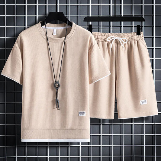 2024 Summer Men's Waffle Sets Casual T-Shirt And Shorts Set Male Sports Suit Solid Color Tracksuit Loose Suits Size 3XL