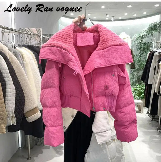 Thinken Crop Jacket Women Fur Turtleneck Long Sleeve Warm Female Parka Coat 2023 Winter Street Loose Puffer Cotton-padded Jacket