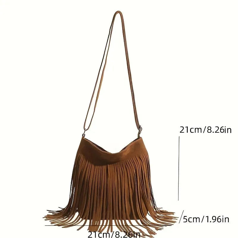 Boho Style Tassel Crossbody Bag Vintage Suede Shoulder Bag Casual Fringe Messenger Bag For Women