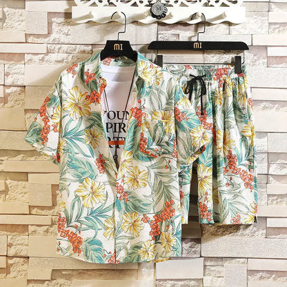 Men's 2 Pieces Set Hawaiian Shirts + Beach Shorts Mens Casual Streetwear Summer 12 Floral Print Loose Short Sleeve Holiday Suits