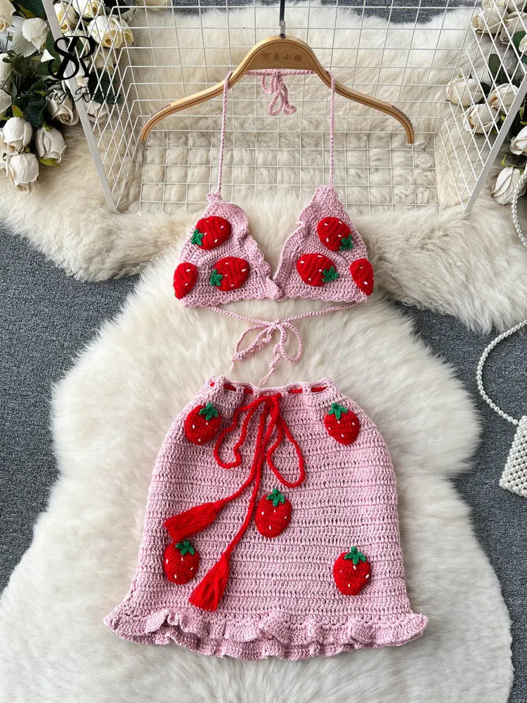 SINGREINY Summer Knitted Beach Two Pieces Sets 2024 Sleeveless Strap Top+Mini Skirt Sets Strawberry Sweet Ruffles Vacation Suits