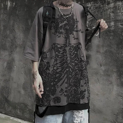 Men T-shirts 2024 Summer Streetwear High Street Gothic Skull Tshirt Loose Oversized Short-sleeved T shirt Dark Anime Men Y2k Top