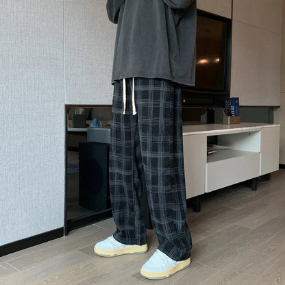 Men Checkered Casual Pants Loose Straight Corduroy Pants Sweatpants Man Fashion Streetwear 2024 Spring New Hip Hop Trousers