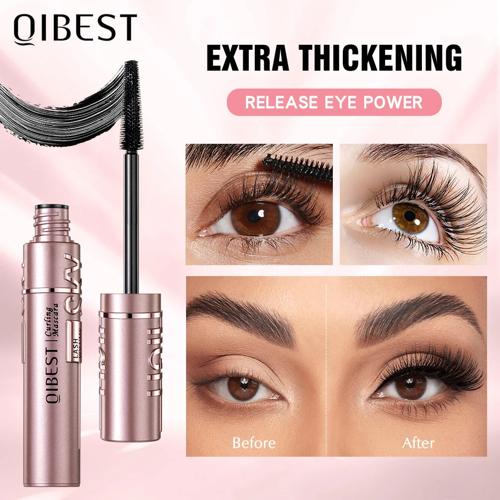 QIBEST New Silk Fiber Black Mascara Waterproof Long Lasting Extension Eyelashes Lengthening Curling Mascara Black Eyelash Makeup