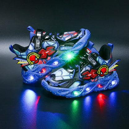 Boys Spiderman Sneakers Disney LED Children's Sport Shoes Student Shoes Fashion Anti-slip Kids Outdoor Shoes Pu Leather Shoes