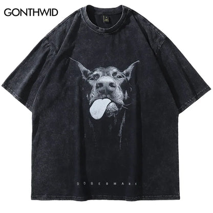 2024 Men Streetwear Hip Hop Oversized T Shirt Funny Doberman Dog Graphic T-Shirt Vintage Washed Black Tshirt Harajuku Tee Cotton