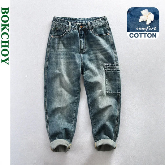 Autumn New Cotton Retro Washed Jeans Men Clothing Casual Loose Straight Men Trousers AG7180