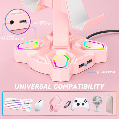 USB Hub Controller Holder Headphones Stand Rotatable Headset Stand with 9 Light Modes with 2 USB Charging Type-C Ports